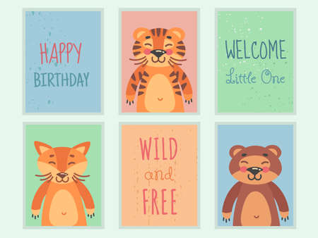 Little tiger invitation. Baby animal poster, cute bear, doodles fox, poster design childish print greeting card baby shower, cartoon kids character, set decent vector illustrationのイラスト素材