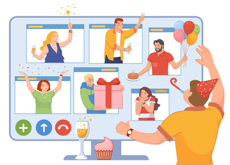 Birthday online party. Virtual event, happy friends celebrate holiday in video call, digital congratulation anniversary via computer, fun isolated swanky vector illustrationのイラスト素材