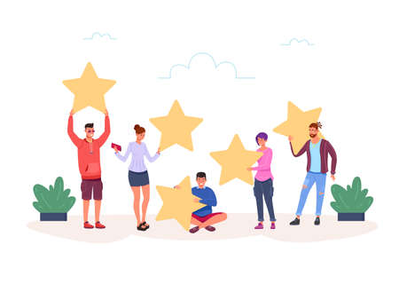 People giving stars. Customer feedback success rate, client service review, customers hold star, satisfaction rating, clients opinion, icon flat garish vector illustrationのイラスト素材