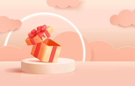 3d gift box podium. Display present product, open modern platform for cosmetic, christmas surprise, party round stage, fashion sceneのイラスト素材