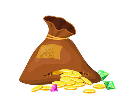 Old treasure sack. Pirate bag with piles cash finance object, cartoon vectorのイラスト素材