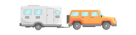 Orange car with trailer. Cartoon motor home van for holiday, icon flat vector illustrationのイラスト素材