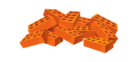 Pile of bricks. Heap or stack red stone square brick, building material, cartoon flat vector icon...