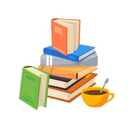 Pile textbooks collection. Book for work or hobby with coffee cup, cartoon vectorのイラスト素材