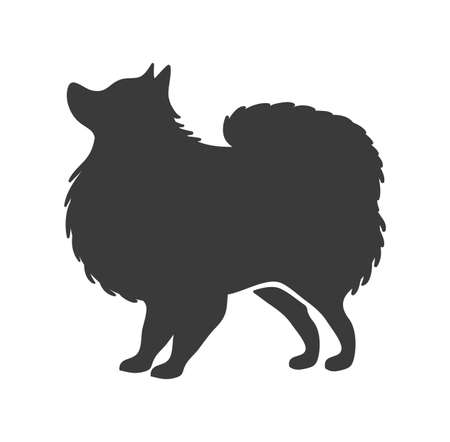 Pomeranian silhouette. Fluffy spitz home dog stencil, vector iconのイラスト素材
