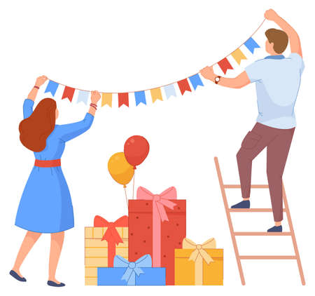 Prepare to birthday. Man and woman hanging garland, vector illustrationのイラスト素材