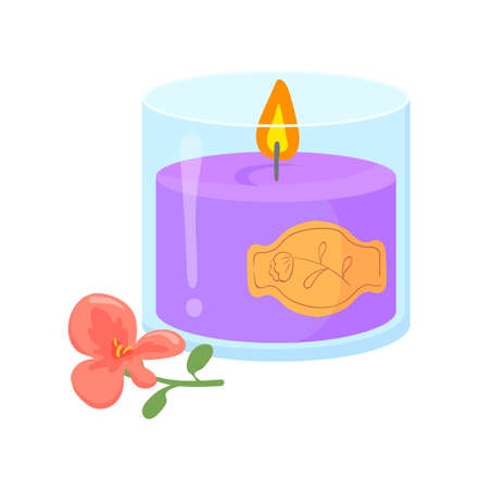 Purple candle in jar. Cartoon aromatic fire bright for yoga, various vector illustrationのイラスト素材
