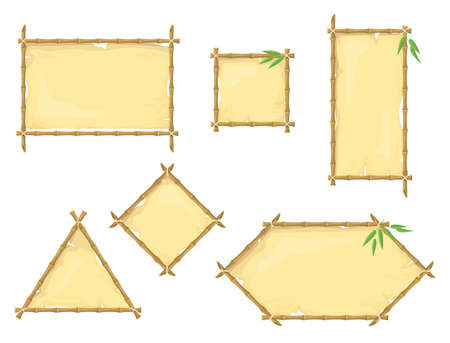 Bamboo frames with parchment. Hawaiian wooden signboard with tropical palm leaves, wood stick with blank old papyrus banners, cartoon neat vector illustrationのイラスト素材