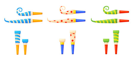 Party blower. Rolled birthday whistle, carnival horn accessory, noise maker for children, new year celebration, neat vector cartoon illustrationのイラスト素材