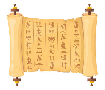 Egyptian papyrus scroll. Ancient egyptians hieroglyphs on old paper, egypt historical archaeological manuscript with pharaoh and pyramid, neat cartoon vector lettersのイラスト素材