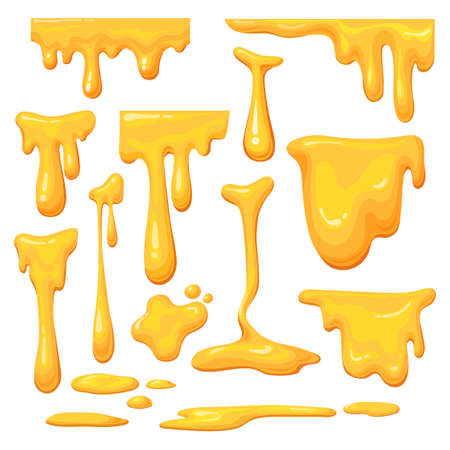 Cartoon honey drip. Delicious drips melting liquid, syrup yellow drops splashes, dripping orange droplet caramel, flow droplets sweet natural product, neat design vector illustrationのイラスト素材