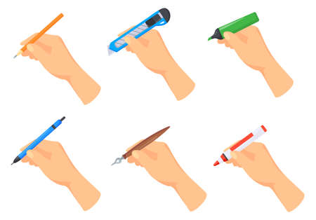 Writing accessories in hands. Hand writes with pen, pencil on paper sheet, signing document, handwritten letter, draw sketches on papers, stationery cartoon neat vector illustrationのイラスト素材
