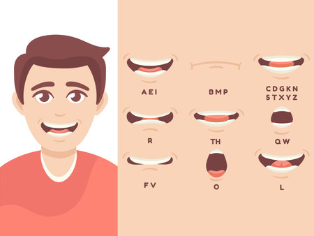 Male mouth sync. Cartoon character lips, speak expression lip, english pronunciation, happy face, talk smile, set decent vector illustrationのイラスト素材