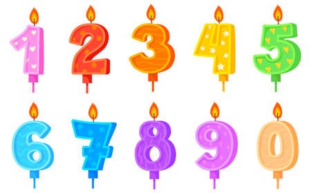 Anniversary numbers candle. Birthday number for celebration cake, party decoration wax candles, holiday candlelight, celebrate anniversary birth, funny cartoon vector neat imageのイラスト素材