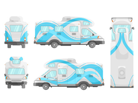 Motorhome mockup. Rv vehicle branding, caravan camper van, recreational travel trailer, bus design template, view left right front back top sideのイラスト素材