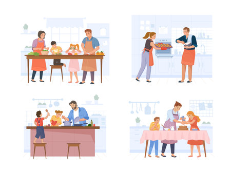 Family cooking together. Cook food at kitchen, eating dinner, home meal, eat culinary table, mother chef and child preparing bake a cake, set swanky vector illustrationのイラスト素材