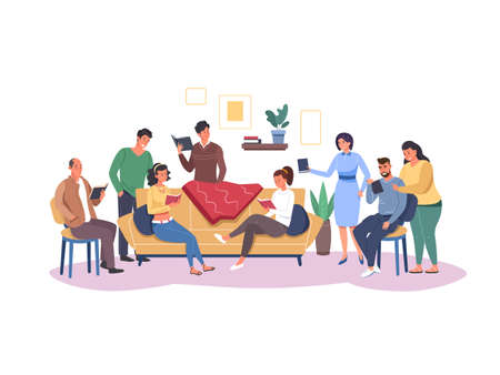 Group readers. People reading books together, Young man and woman read book, diverse group student study library literature, flat garish vector illustrationのイラスト素材