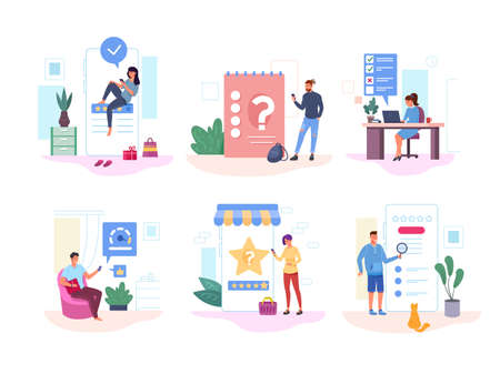 Customer giving feedback. Online survey, chek customers research and decision, client review, people opinion, vote list, set garish flat abstract vector illustrationのイラスト素材