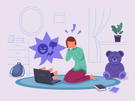 Cyber bullying. Social media cyberbully, computer troll online, abuse shaming girl, school hater attack child, internet violence, depressed woman crying cell, garish vector illustrationのイラスト素材