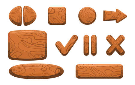 Game wood buttons. Wooden arrow 2d panel plank menu, ui interface, sign play, cartoon board, brown mobile gaming texture background, set icon tidy vector illustrationのイラスト素材
