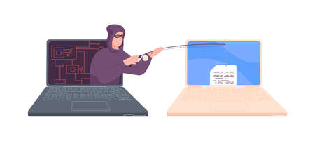 Phishing scam attack. Online computer hacker attack, fish hook laptop data stealing, fraud email cyber crime, internet secure leak information, steal login, splendid vector illustrationのイラスト素材