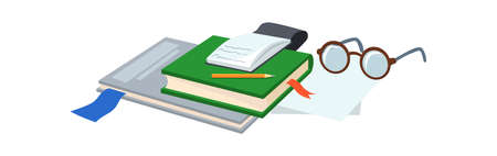 Study books library. Pile textbooks with glasses, cartoon notebook and textbook of bookstore vectorのイラスト素材