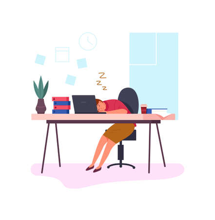 Tired woman on table. Stress in work, professional burnout, vector illustrationのイラスト素材