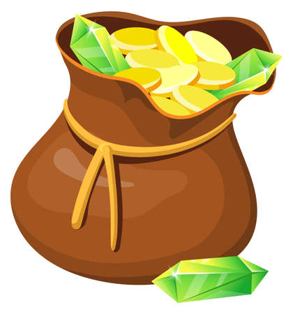 Treasures bag. Burlap with gem and gold coin for game, flat cartoon vectorのイラスト素材