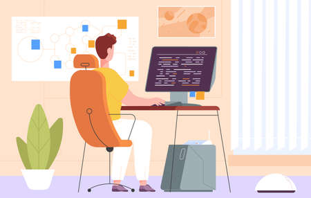 Online programmer career. Man at computer desk works remote home office, cartoon freelance developer, online web job, internet worker, employee workplace splendid vector illustrationのイラスト素材