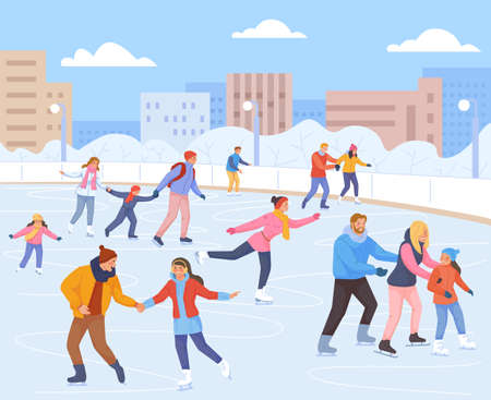 Families skating ice rink. People in winter christmas scene, snow sports, fun fall children, adult couple with kid vacation in outside landscape, family park, swanky vectorのイラスト素材