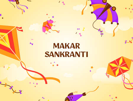 Makar sankranti banner. Pongal festival poster, flying kites background, indian harvest in january, holy holiday of india, neat vector illustration designのイラスト素材