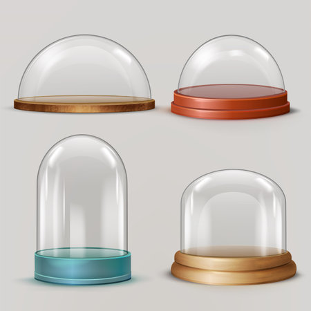 Realistic glass dome. 3d sphere hemisphere globe in wooden plastic tray, glossy ball bell jars, transparent protection cylinder window, exhibition display case tidy vectorのイラスト素材