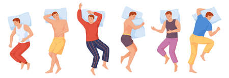 Man sleep in bed. Male sleeping poses, vector illustrationのイラスト素材