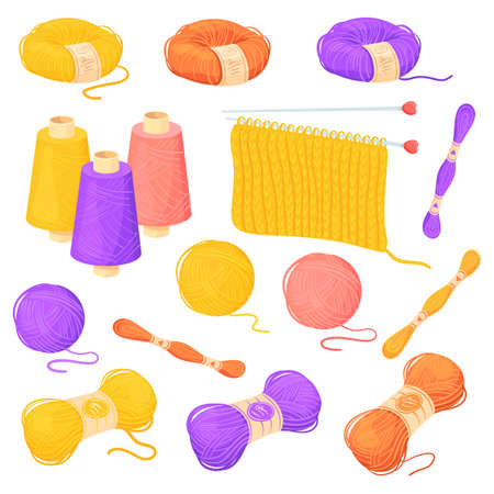 Cartoon wool threads. Clew thread bobbin for yarn, string roll knit ball, skein rope, natural woolen weave cloth, isolated weaving knitting sewing items, neat vector illustrationのイラスト素材