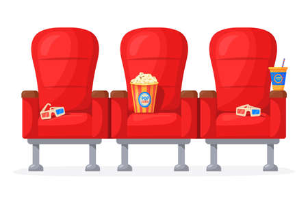 Cartoon cinema chair. Red movie theater seats for comfortable watching film at home, watch night screen in sofa with popcorn cola 3d glasses, audience concert, neat vectorのイラスト素材
