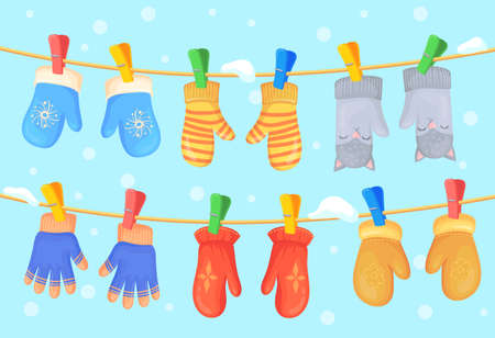 Cartoon hanging mittens. Winter wool mitten, warm woolen glovesmittens for snow, cute vintage gloves for january frost holiday, wooly christmas glove, set neat vector illustrationのイラスト素材