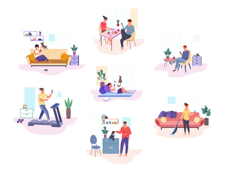 People using devices at home. Woman with cell phone or laptop indoor room in couch, couple having breakfast scrolling news on smartphones digital addiction garish vectorのイラスト素材
