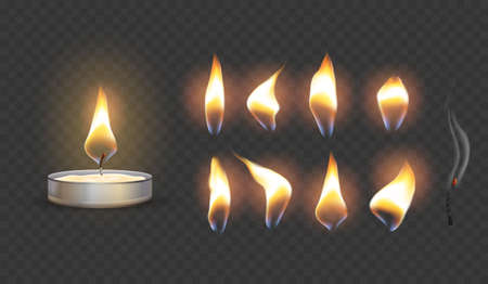 Realistic candle flame. 3d flaming candles, wax burning wick, moving memorial fire, xmas tealight, holy decor romantic lighting extinguish lamp blow smoke, tidy vector illustrationのイラスト素材