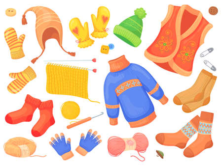 Cartoon wool knitwear. Knit winter clothes, woolen socks jacket scarf sweater jumper, knitted garments, clothe garment from wools cloth, warm outerwear, neat vector illustrationのイラスト素材