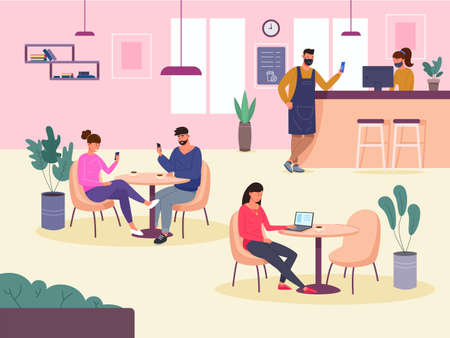 People use smartphone in restaurant. Customers with telephone or laptop sitting on chair inside city cafe interior, waiter at bar in mask, coffee at table, garish vectorのイラスト素材