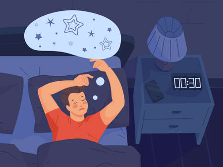 Dreams sleeping man. Cool peaceful sleep in night time at clock, person dream on bed room, illustrated vectorのイラスト素材
