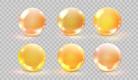 Collagen oil balls. 3d golden bubble cosmetic capsul glass sphere liquid serum, essence drop hair, droplet organic transparent pills olive fish gel, pearl ballのイラスト素材