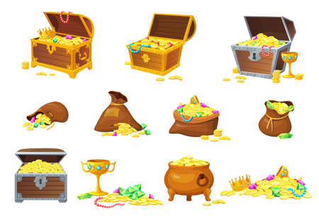 Pirate treasures. Chests and bags or sack treasure, treasur with jewel, pile golden coins, jewelry gems, set cartoon vectorのイラスト素材