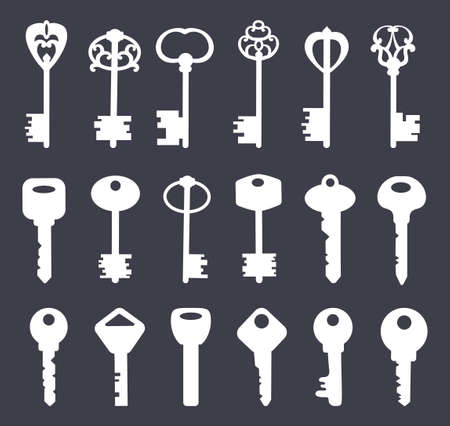 Key form silhouettes. Old vintage ornate antique house door keys or secret lock escape, simple white logo black shape medieval ornament in retro style icon neat vector illustrationのイラスト素材