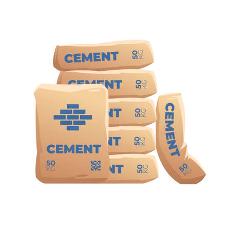 Cement Sacks. Pack bag cemented powder, sack with industry material for construction building, cementing masonry production, industrial bags, cartoon recent vector illustrationのイラスト素材