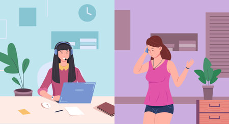 Woman calling to client support. Centered consulting service, talk with operator call center, vector illustrationのイラスト素材