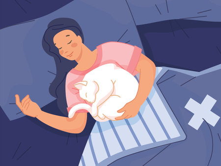 Woman sleep with cat. Soft healthy sleeping girl under blanket on bed, sweets happiness dream, vector illustrationのイラスト素材