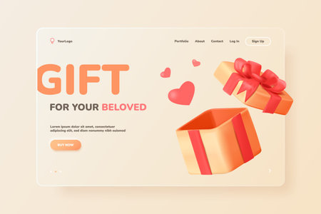 Realistic loved gift box. Render 3d opening romantic prize for valentine, template landing page, web vector illustrationのイラスト素材