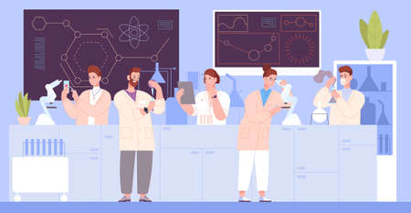 Science workers in research lab. Cartoon scientist in laboratory room chemical medical scientific equipment, development pharmaceutical biotechnology, splendid vector illustrationのイラスト素材