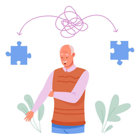 Alzheimer man. Dementia elderly people, treatment memory disease, care old brain of senior, vector illustrationのイラスト素材
